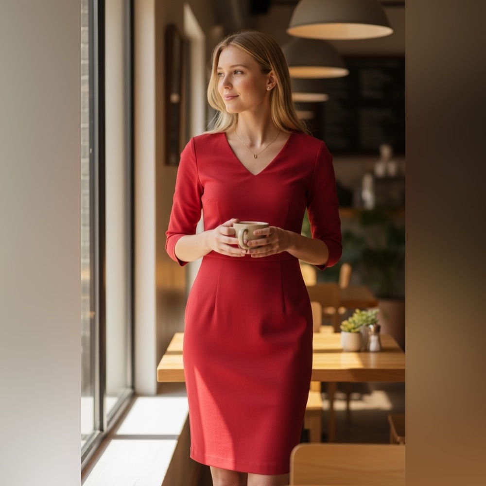 Banana Republic Womens Red Asymmetrical V-Neck Sheath Dress 3/4 Sleeve‎ Size 0